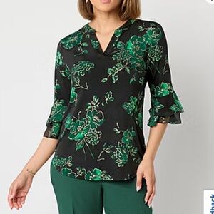 Black Label by Evan-Picone Womens Split Crew Neck 3/4 Sleeve Blouse